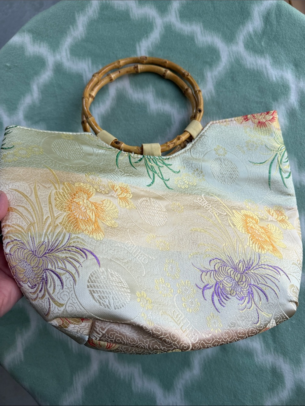 Satin Floral Bamboo-Handle Tote Bag in Ivory and Pastel Asian Auspicious Symbols - Picture 2 of 9